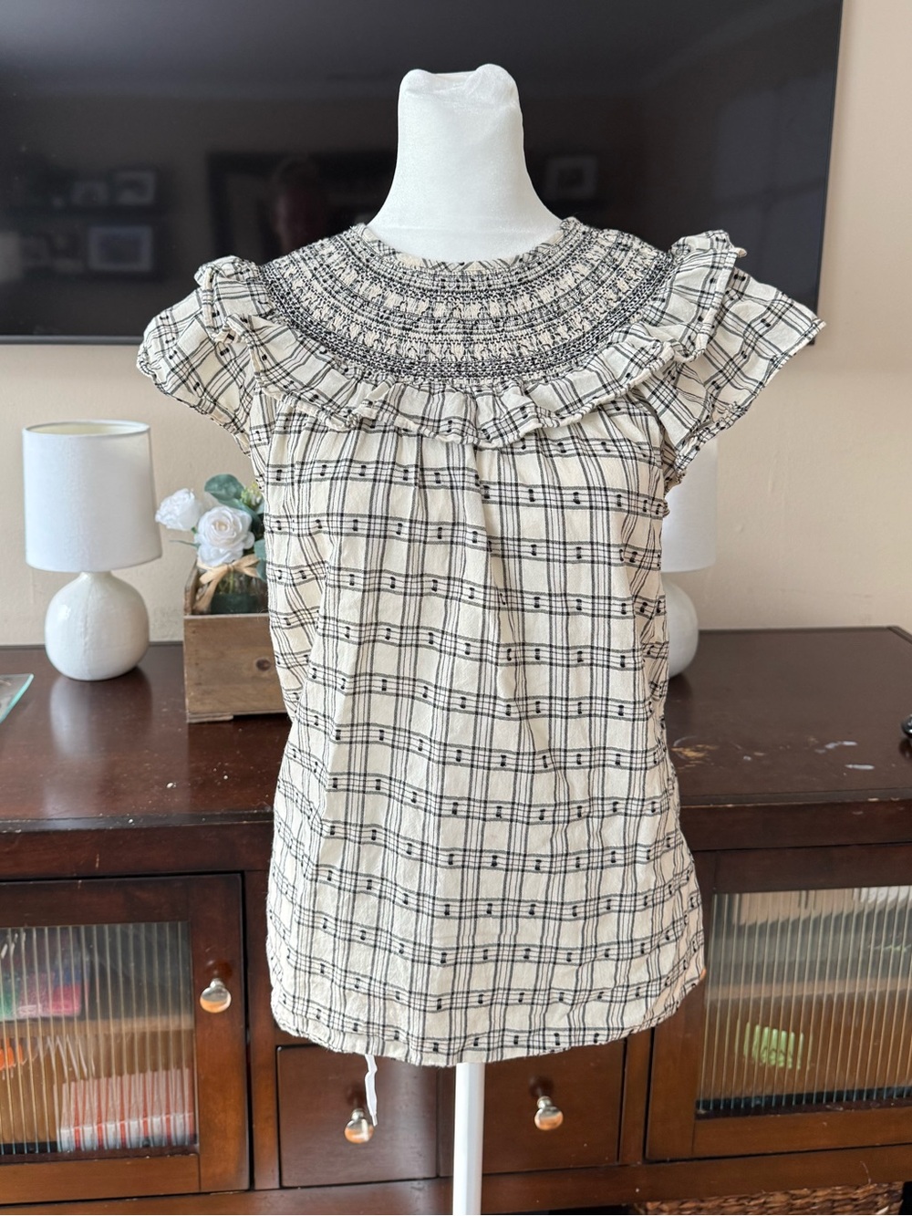 LOFT Cream and Black Smocked Ruffle Plaid Top